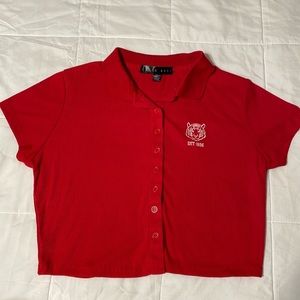 red collared cropped button up shirt